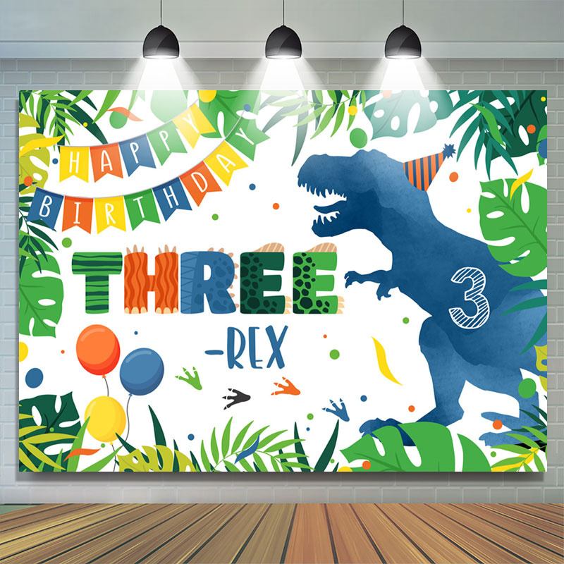 Lofaris Blue Dinosaur Forest Three Happy Birthday Backdrop