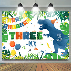 Lofaris Blue Dinosaur Forest Three Happy Birthday Backdrop