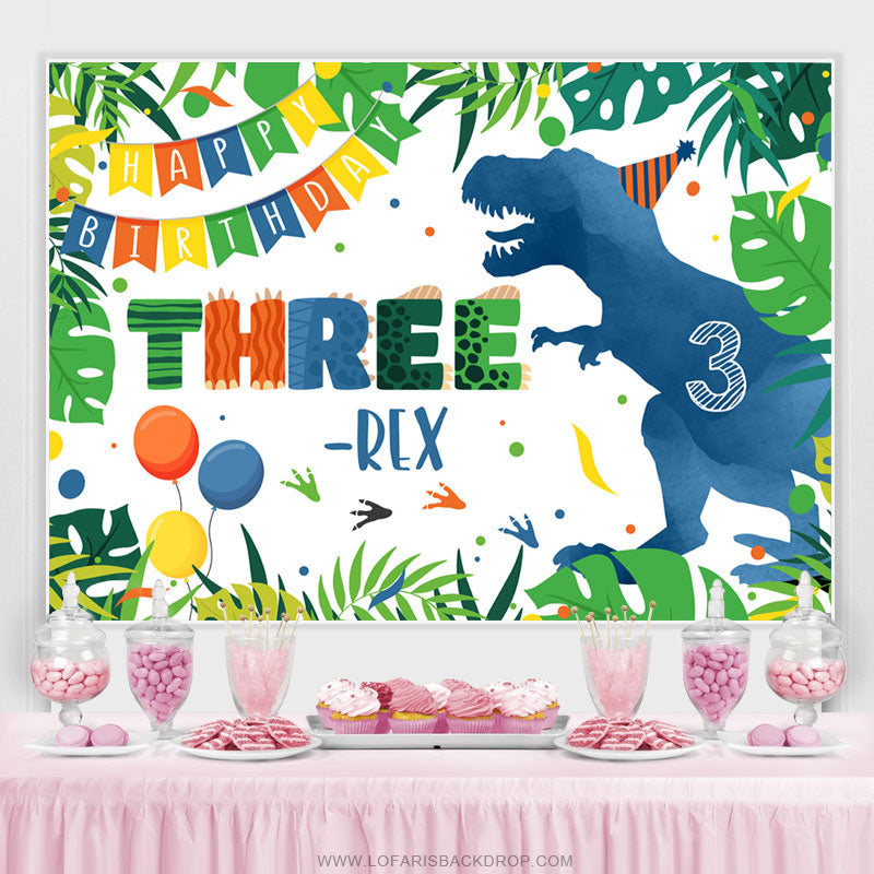 Lofaris Blue Dinosaur Forest Three Happy Birthday Backdrop