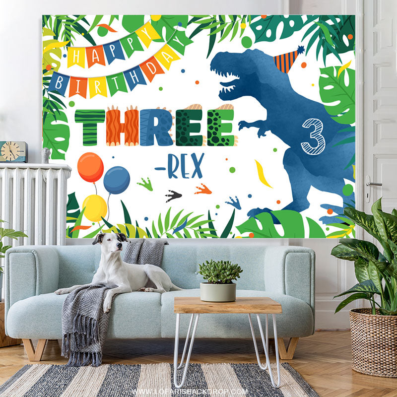 Lofaris Blue Dinosaur Forest Three Happy Birthday Backdrop