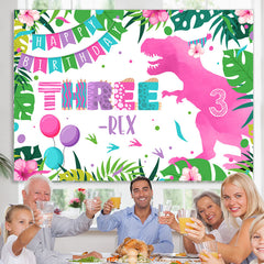 Lofaris Pink Dinosaur Three Happy Birthday Backdrop For Girl