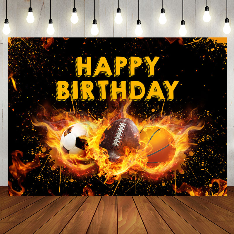 Lofaris Black Yellow Fire Sports Happy Birthday Backdrop