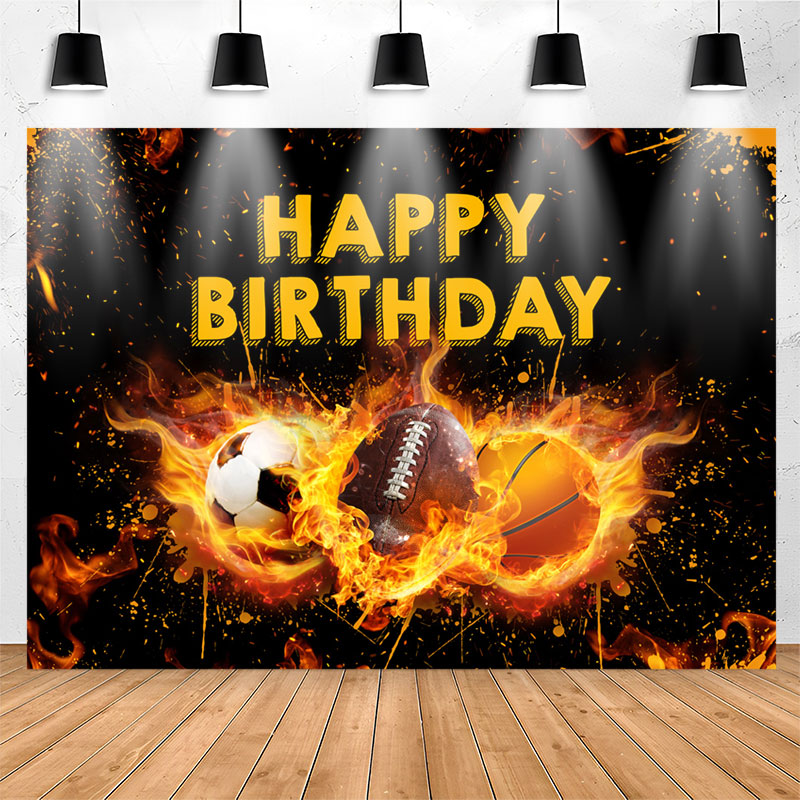 Lofaris Black Yellow Fire Sports Happy Birthday Backdrop