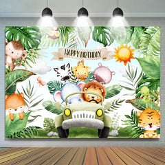 Lofaris Safari Wild Green Leaves Car Happy Birthday Backdrop