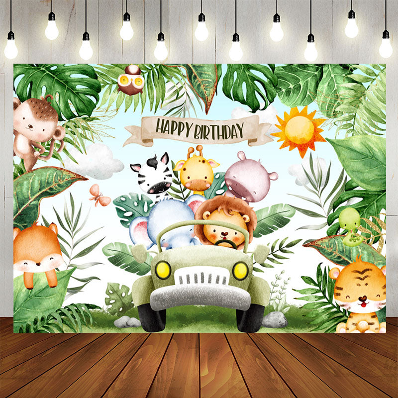 Lofaris Safari Wild Green Leaves Car Happy Birthday Backdrop