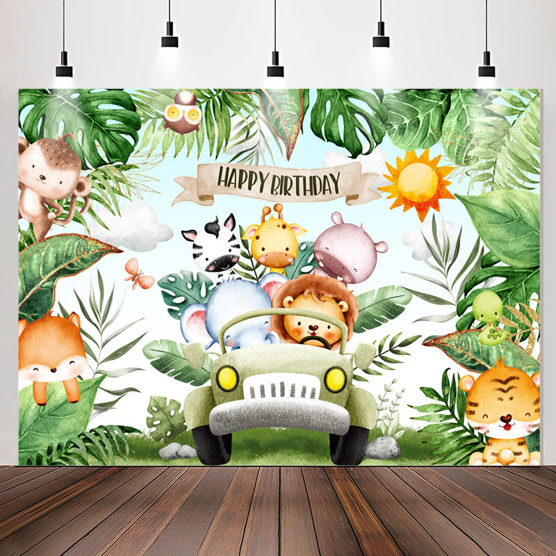 Lofaris Safari Wild Green Leaves Car Happy Birthday Backdrop
