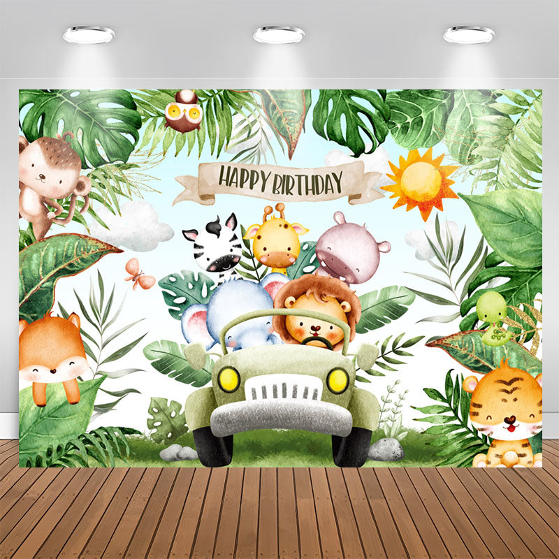 Lofaris Safari Wild Green Leaves Car Happy Birthday Backdrop