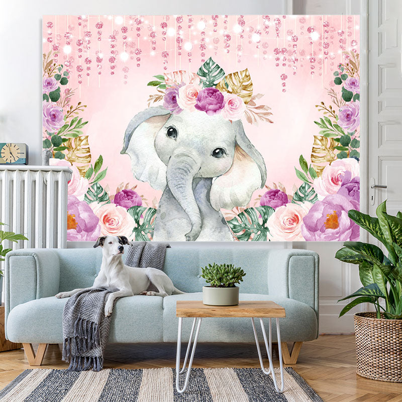 Pink Floral Elephant Themed Baby Shower Backdrop