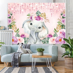 Pink Floral Elephant Themed Baby Shower Backdrop
