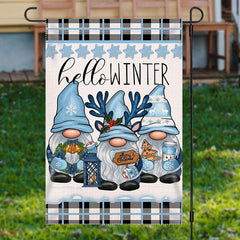 Lofaris Hello Winter Blue Plaid Gnome Christmas Garden Flag