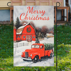 Lofaris Red House Truck Snowy Merry Christmas Garden Flag