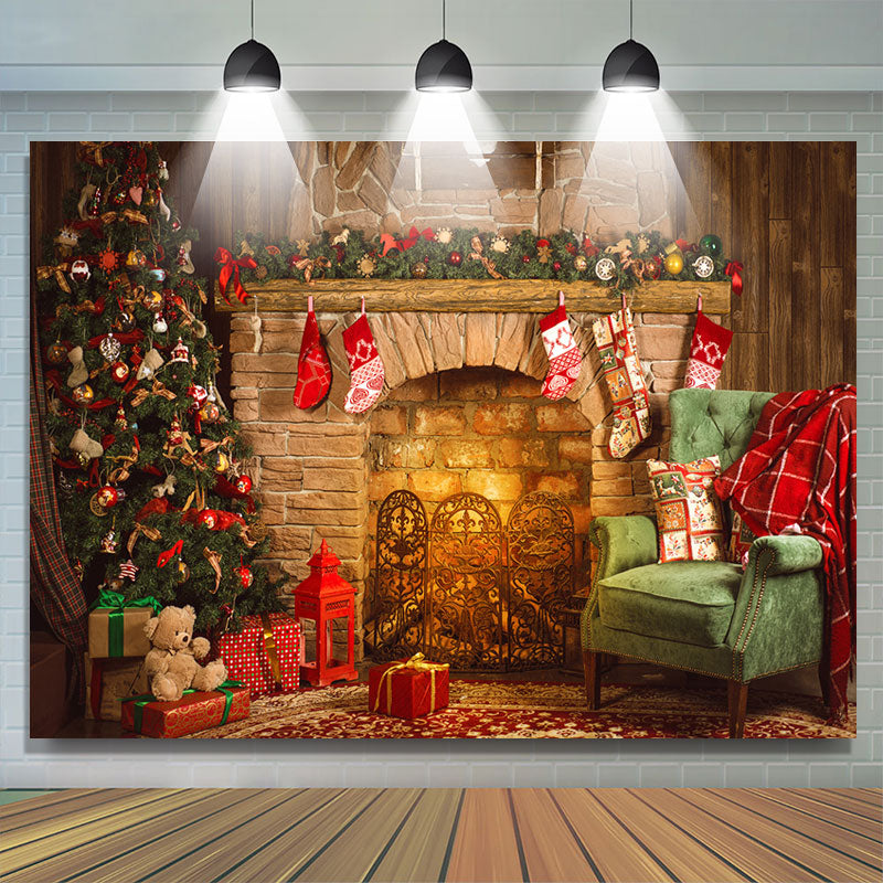 Lofaris Rustic Fireplace Christmas Tree Portrait Backdrop