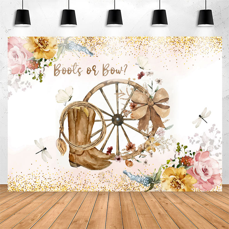 Lofaris Boots Or Bow Floral Glitter Gender Reveal Backdrop