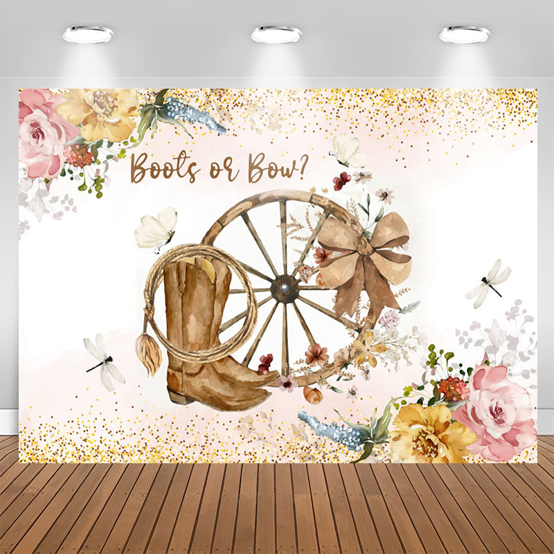 Lofaris Boots Or Bow Floral Glitter Gender Reveal Backdrop