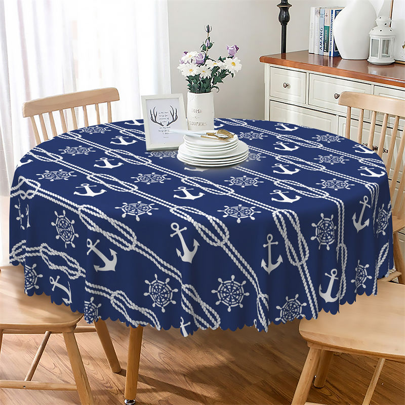 Lofaris Navy Blue White Navigation Party Round Tablecloth