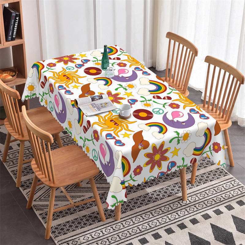 Lofaris Artwork Rainbow Sun Moon Flower Rectangle Tablecloth