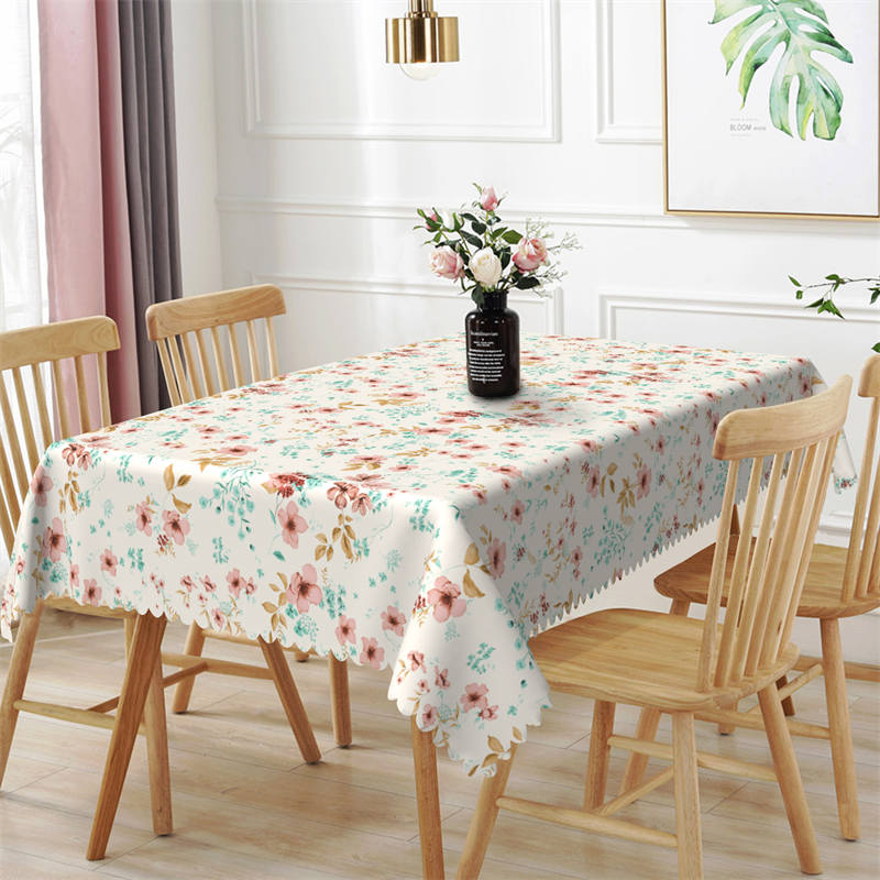 Lofaris Pink Flowers Green Leaves Rectangle Tablecloth