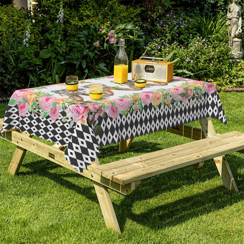 Lofaris Rabit Flowers Black White Pattern Rectangle Tablecloth