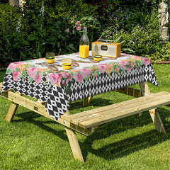 Lofaris Rabit Flowers Black White Pattern Rectangle Tablecloth