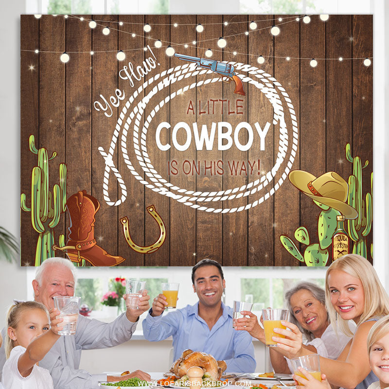 Lofaris A Little Cowboy With Brown Wood Baby Shower Backdrop