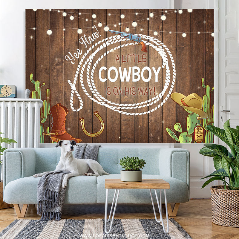 Lofaris A Little Cowboy With Brown Wood Baby Shower Backdrop