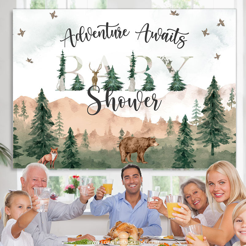 Lofaris Adventure Awaits Forest Montain Baby Shower Backdrop