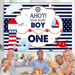 Lofaris AHOY First birthday backdrop with navy theme for boys