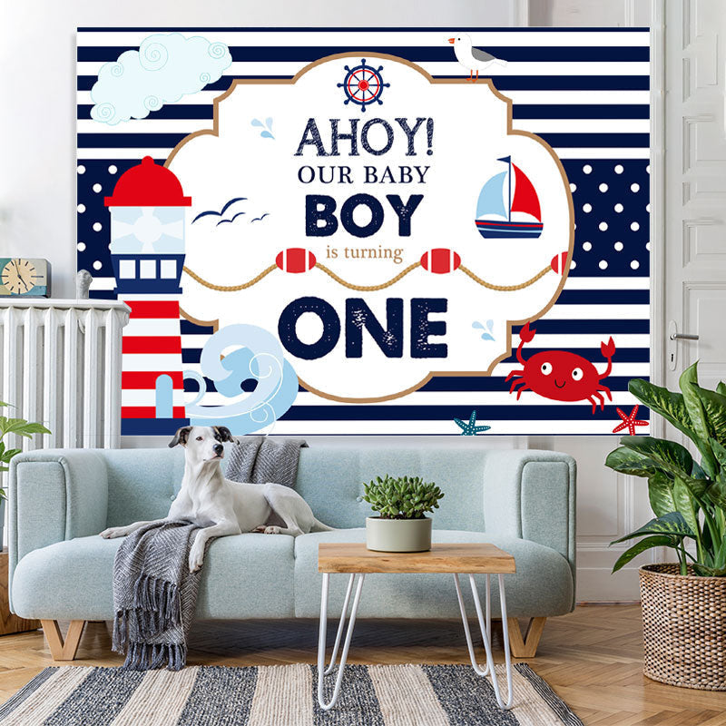 Lofaris AHOY First birthday backdrop with navy theme for boys