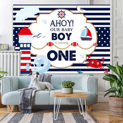 Lofaris AHOY First birthday backdrop with navy theme for boys