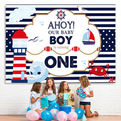 Lofaris AHOY First birthday backdrop with navy theme for boys