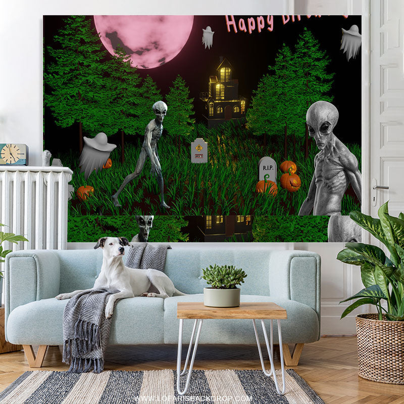 Lofaris Alien Cemetery Halloween Moon Birthday Backdrop