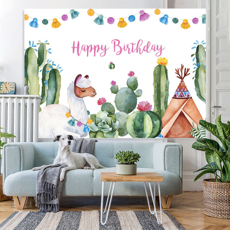 Lofaris Alpaca And Cactus Happy Birthday Backdrop For Baby