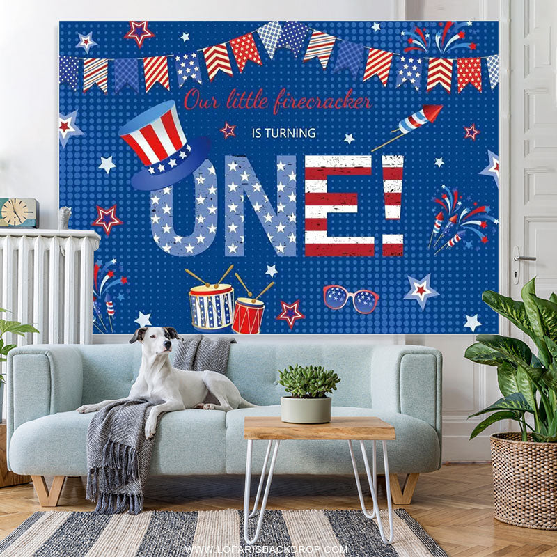Lofaris American Flag Hat Blue Happy 1st Bithday Backdrop