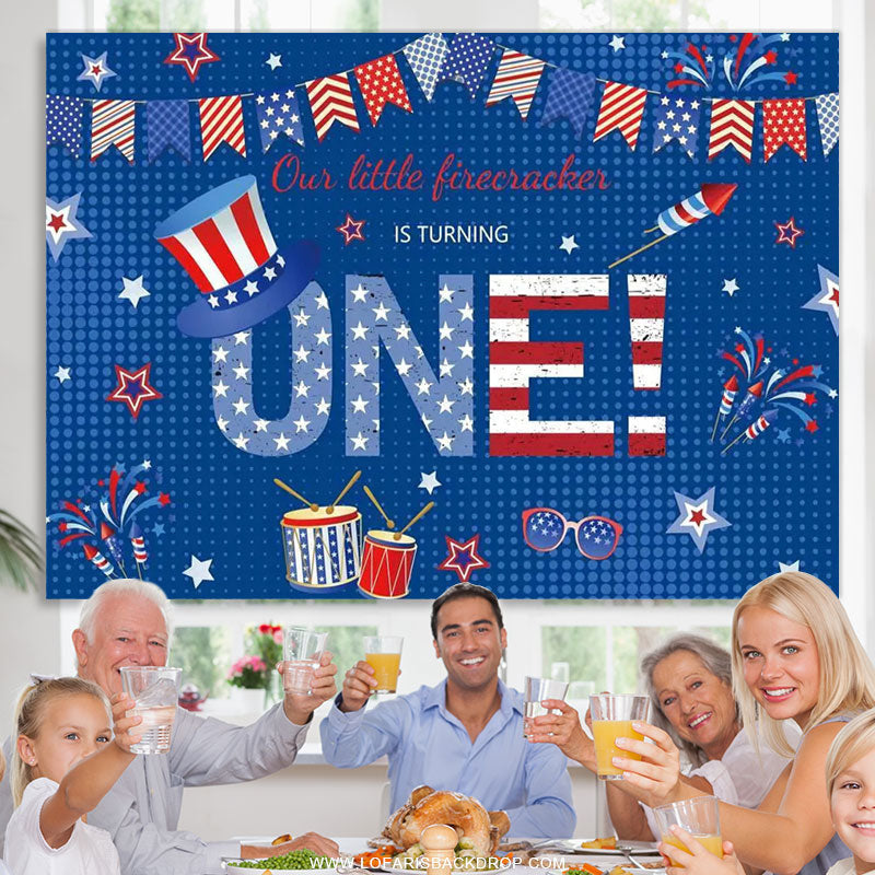 Lofaris American Flag Hat Blue Happy 1st Bithday Backdrop