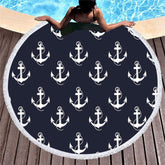 Lofaris Anchors Nautical Black Circle Beach Blanket With Fringe