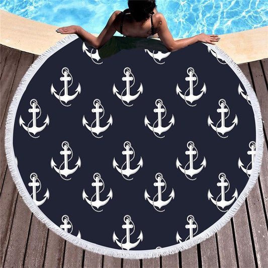 Lofaris Anchors Nautical Black Circle Beach Blanket With Fringe