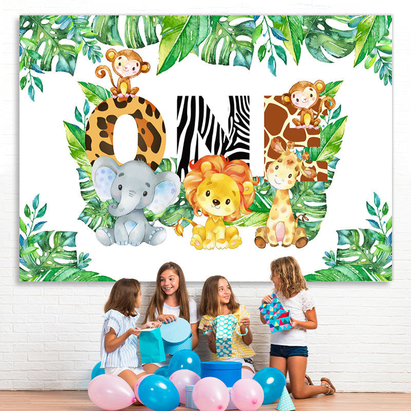 Lofaris Animals And Green Leaves First Happy Birthday Backdrop