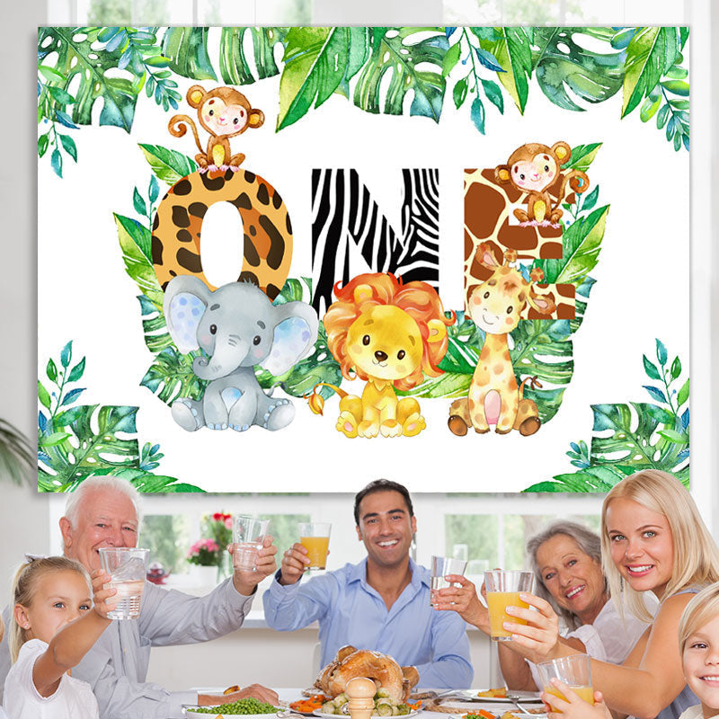 Lofaris Animals And Green Leaves First Happy Birthday Backdrop