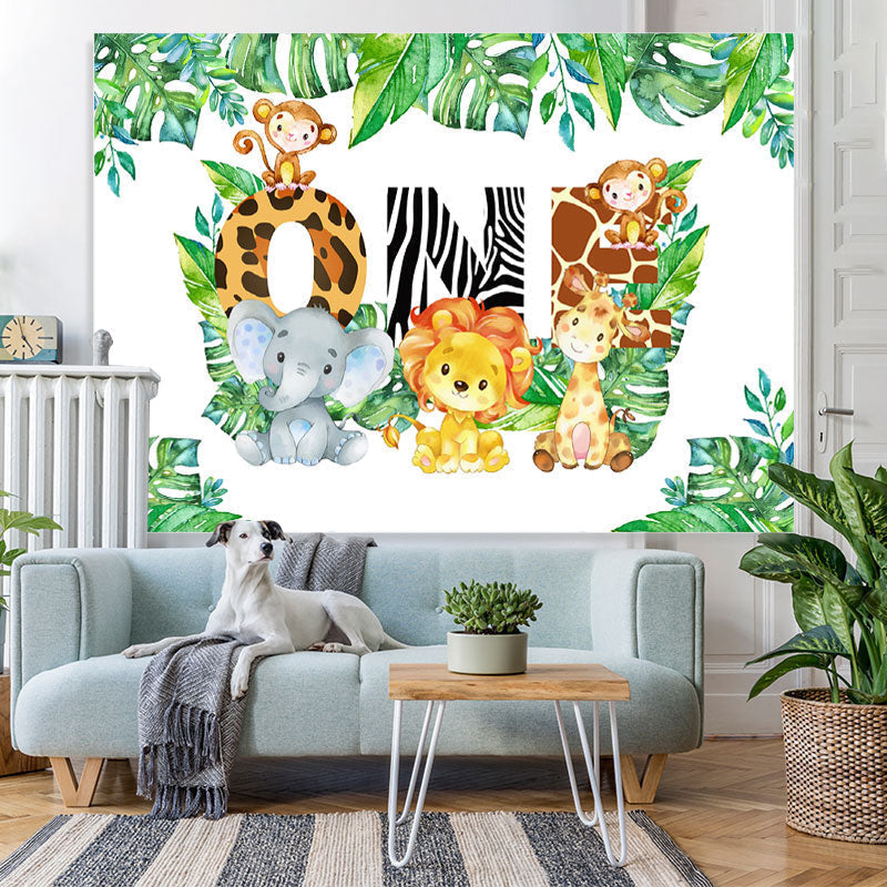 Lofaris Animals And Green Leaves First Happy Birthday Backdrop