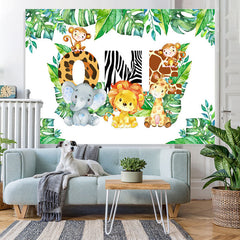 Lofaris Animals And Green Leaves First Happy Birthday Backdrop