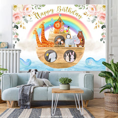 Lofaris Animals On The Boat Rainbow Happy Birthday Backdrop