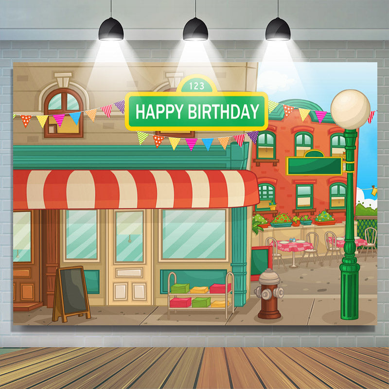 Lofaris Animated House Street Theme Happy Birthday Backdrop