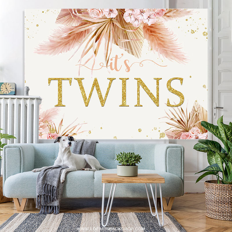 Lofaris Autumn Leaves With Flowers Twins Baby Shower Backdrop
