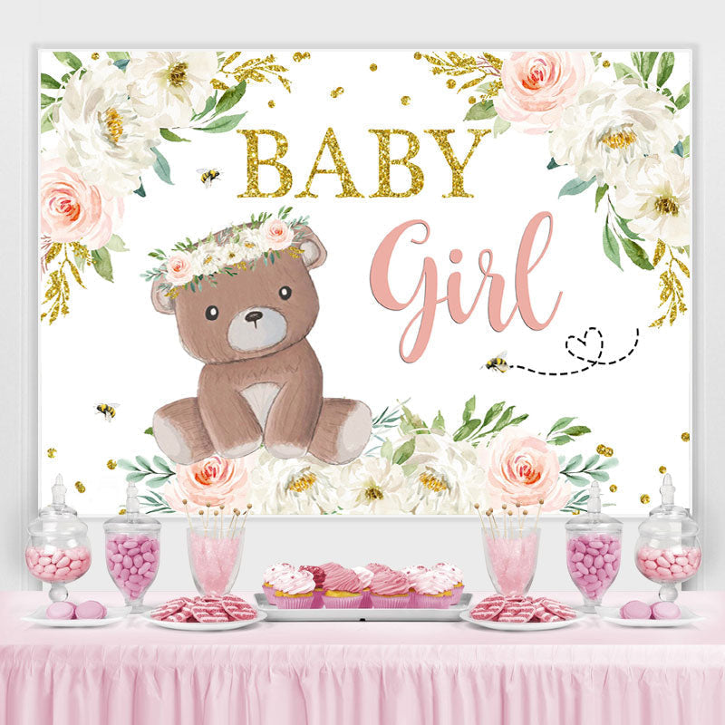Lofaris Baby Girl Teddy Bear and Floral Shower Backdrop