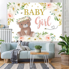 Lofaris Baby Girl Teddy Bear and Floral Shower Backdrop