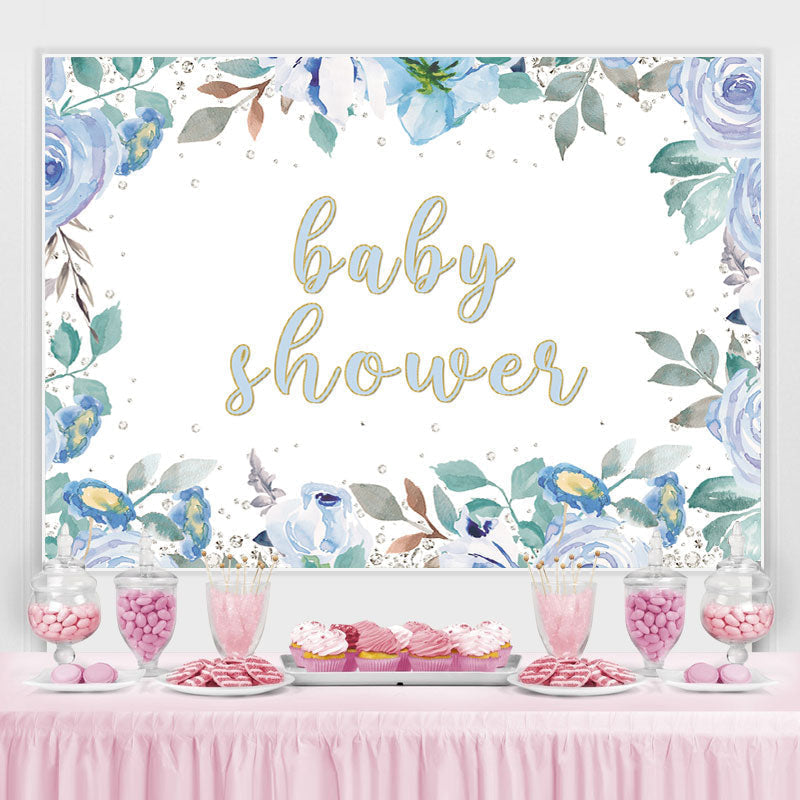 Lofaris Baby Shower Blue Floral Glitter Backdrop for Boy