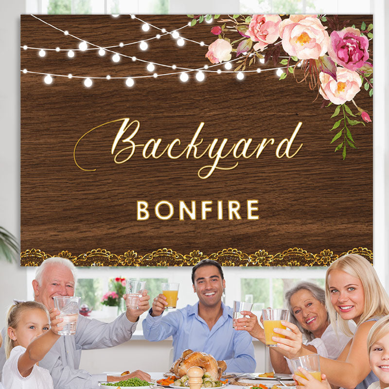 Lofaris Backyard Bonfire Wooden Pink Floral Light Backdrop