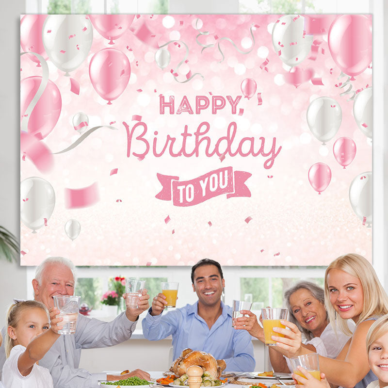 Lofaris Balloon Ribbon Pink White Happy Birthday Glitter Bokeh Backdrop