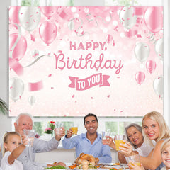 Lofaris Balloon Ribbon Pink White Happy Birthday Glitter Bokeh Backdrop