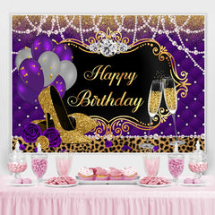 Lofaris Balloons Leopard Purple Gold High Heels Birthday Backdrop for Women